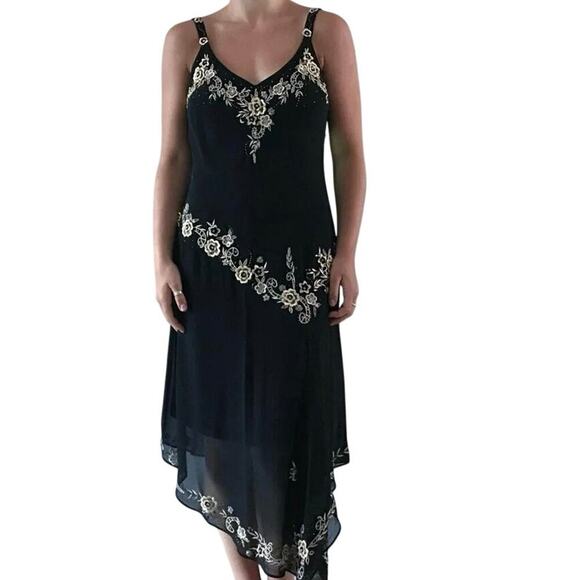 R&M Richards Women's Black Floral Embroidery Asymmetric sequinDress Size 14 - Picture 1 of 15